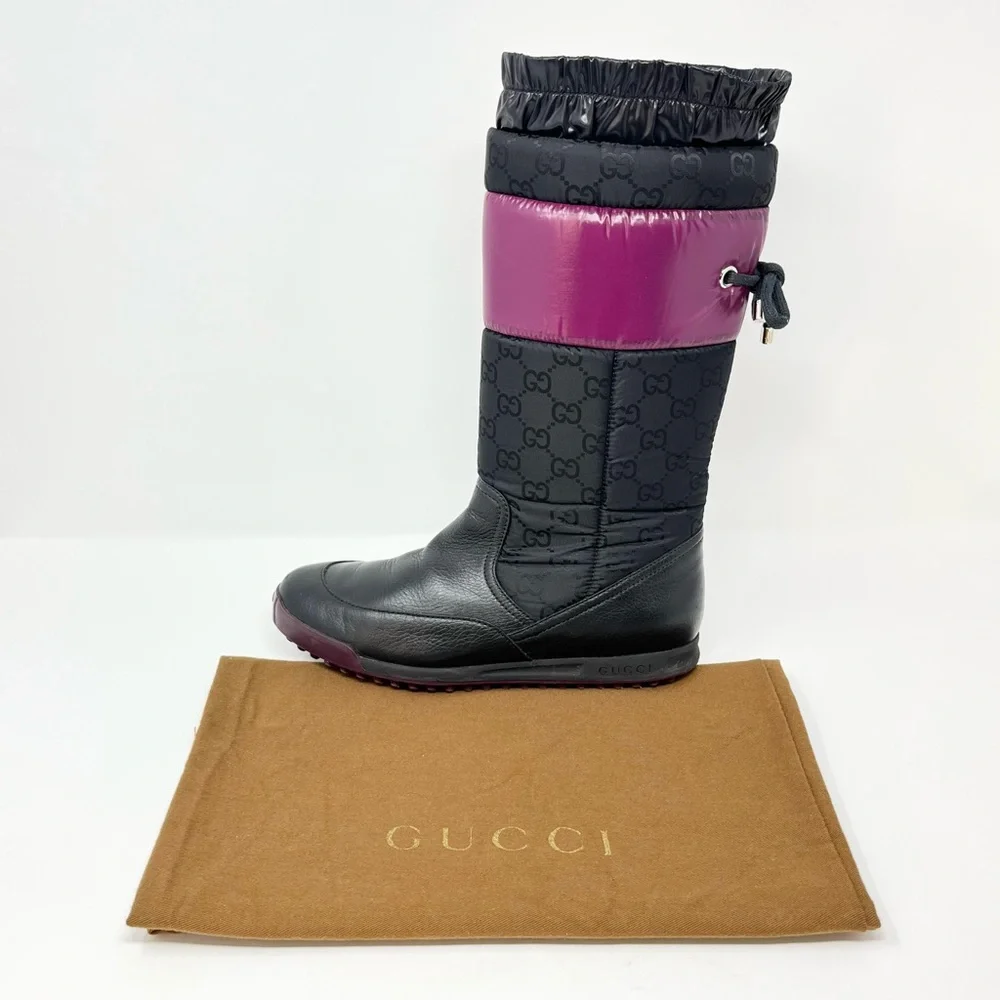 Gucci GG Logo Monogram Snow Winter Boots Tall Slip On Black Leather 35.5 5.5